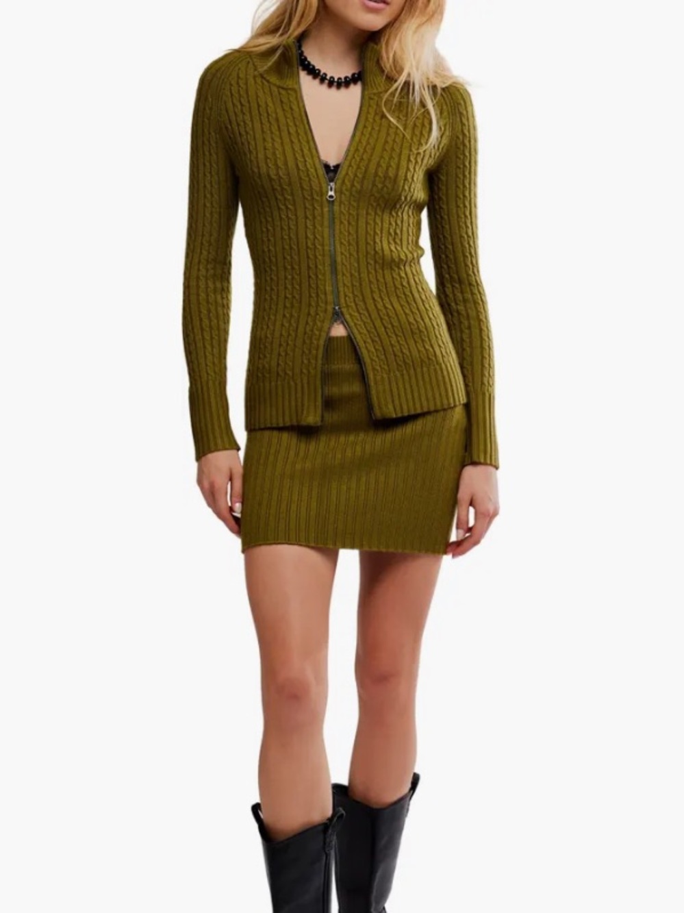 Free People Eliza Cable Zip-Up Cardigan & Rib Miniskirt Set